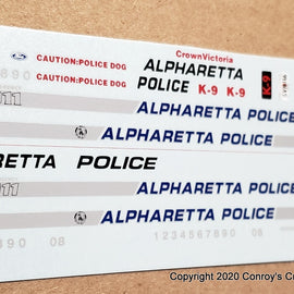 1/43rd scale Alpharetta, Georgia Police Decals (Ford Crown Victoria)