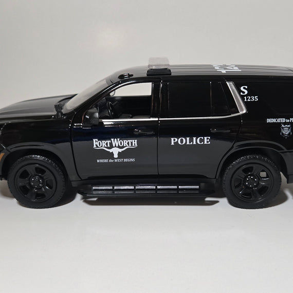 Custom 1/24th scale Fort Worth, Texas Police 2025 Chevrolet Tahoe Police Pursuit Vehicle (all black car)