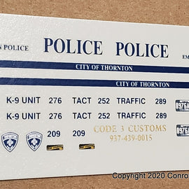 1/43rd scale Thornton, Colorado Police Decals