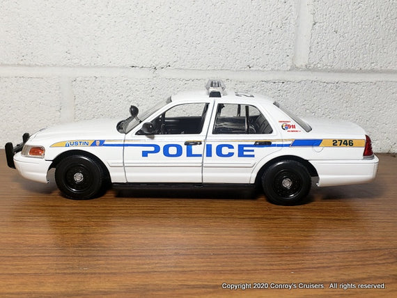 Custom 1/24th scale Austin, Texas Police Ford Crown Victoria Police Interceptor diecast car (old graphics on white car)