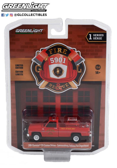 #67010-A - 1/64th scale Lawrenceburg, Indiana Fire Department 1986 Chevrolet C20 Custom Deluxe Pickup Truck First Attack Unit with Fire Equipment, Hose, and Tank