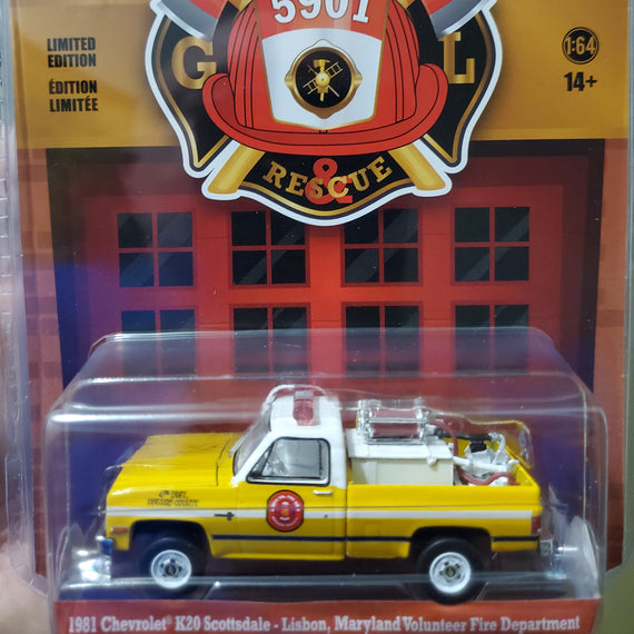 #67020-B - 1/64th scale Lisbon Volunteer Fire Department, 4th District, Howard County, Maryland 1981 Chevrolet K20 Scottsdale Pickup Truck with Fire Equipment, Hose, and Tank