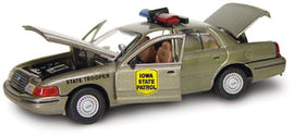 Police car Iowa State Patrol gold car Ford Crown Victoria Police Interceptor driver side view doors open, hood open, trunk open.